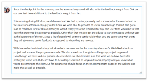 Screenshot of feedpulse where feedback on group project was documented